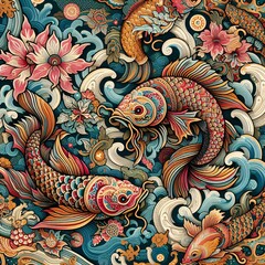 Batik Art With Koi Fish And Flower