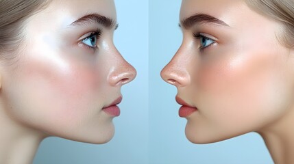 Rhinoplasty transformation showing a nose with a noticeable hump before surgery, smoothed into a refined, balanced contour post-procedure