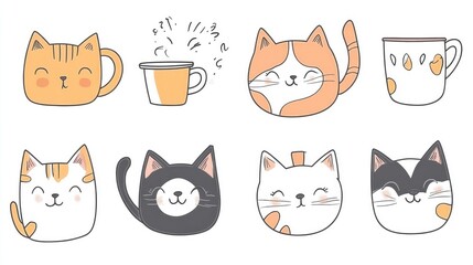 Obraz premium Cute Hand-Drawn Doodle Cats with Coffee Mugs. Minimalist Vector Illustration on White Background