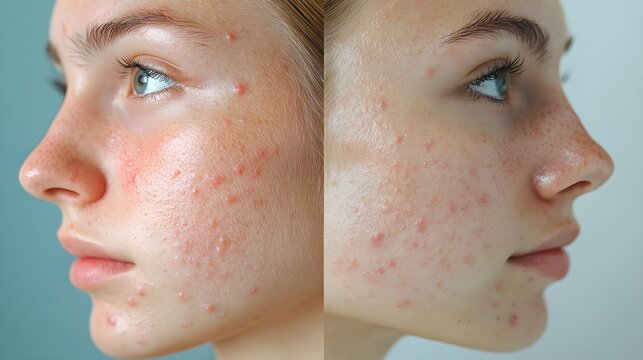 A young woman with acne-prone skin starts a dermatologist-recommended routine Show the transformation from inflamed skin to a glowing, smooth complexion over time