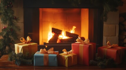 Wrapped Presents with a Cozy Fireplace in the Background