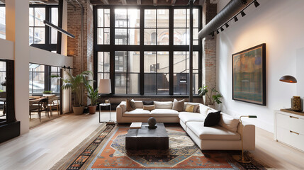 Obraz premium Urban loft living room with oversized industrial-style windows, framed in black metal and offering a striking contrast to the neutral decor.