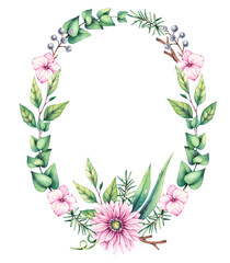 Watercolor botanical wreath with flowers. Hand drawn wreath. Floral wreath for designing cards, wedding invitations, packaging, etc. Flower frame