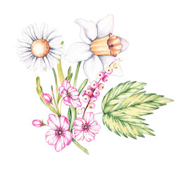 Watercolor bouquet of spring flowers. Watercolor pink bouquet for logo, business cards, social networks, menu, banners, advertising, fabrics, wallpapers, textiles, etc.