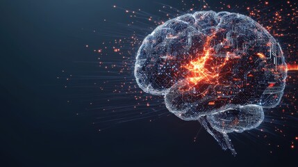 Brain with fiery energy waves dissolving into fragmented pixelated particles surrounded by glitch-like elements and evolving AI-generated energy formations