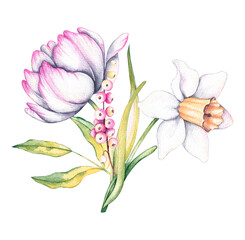Watercolor bouquet of spring flowers. Watercolor pink bouquet for logo, business cards, social...