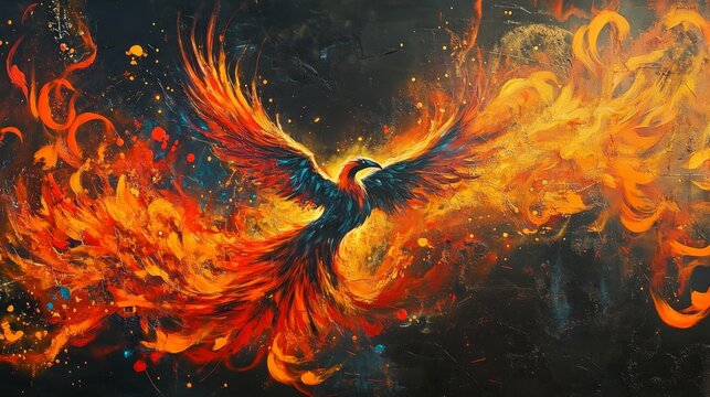 Vibrant Phoenix Born From Flames in Abstract Art