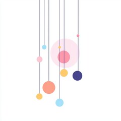 Colorful pastel balls are suspended and gently dropping in a minimalist composition against a clean white background, showcasing a tranquil aesthetic