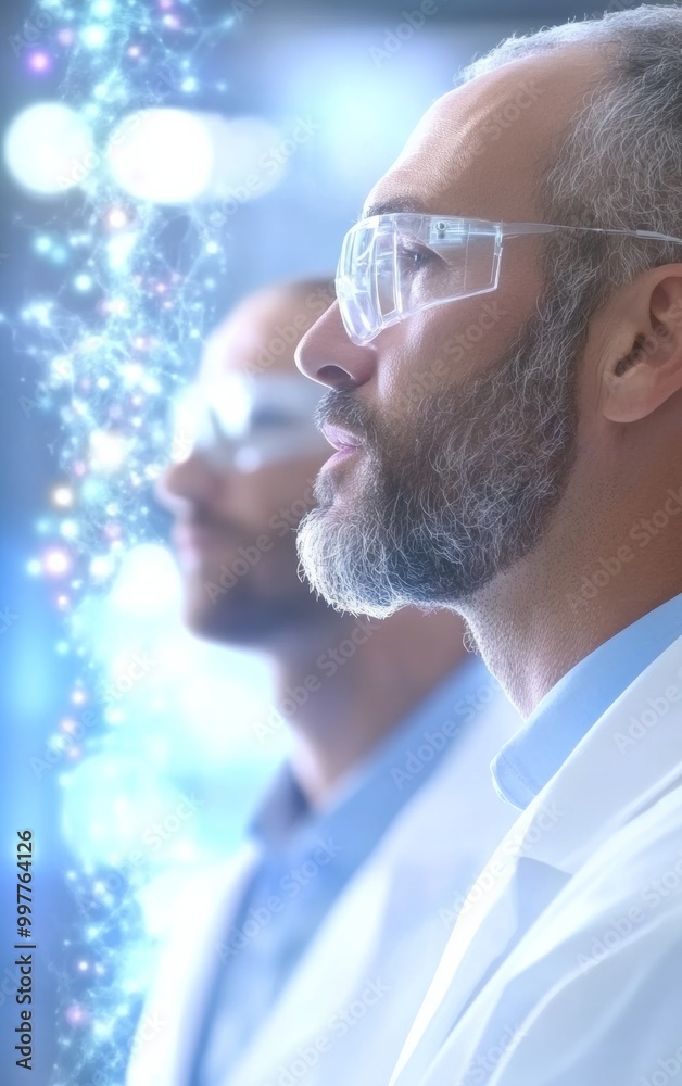 Poster medical researchers analyzing data in high-tech lab with holographic projections