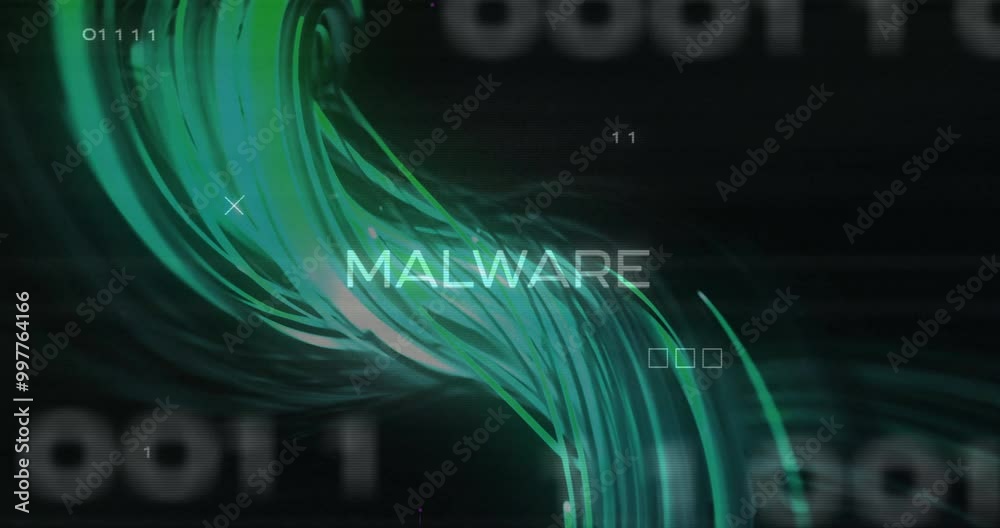 Poster animation of malware text with data processing and computer circuit board on black background