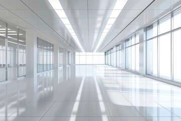 Bright and clean empty office corridor with large glass windows and white tiles. Modern corporate design.