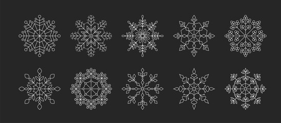 Set of ten white snowflakes - thin line style, black background