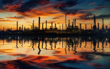 Naklejka premium Industrial factory with chimneys at sunset reflecting over water. Industrial and environmental concept.