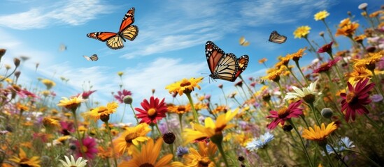 Fototapeta premium Monarch Butterflies Over a Field of Wildflowers