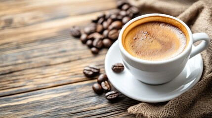 cup of coffee and coffee beans in a sack