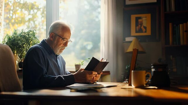 Home study. Senior man reading e-reader by window. Warm natural light. Wooden desk, coffee mug, framed photo. Relaxed, comfortable atmosphere.