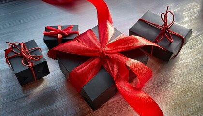 Red and black ribbon wrapped around Christmas gifts