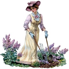 Woman in Vintage Dress Gardening with Lilac Flowers.