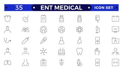ENT Medical outline Icon, also includes ear, nose, throat, Headache, Runny Nose, Cough, Sore Throat, hearing kit, Hearing Report, Breathing, Thyroid. Ear Nose Throat thin line icons.