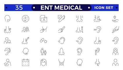 ENT Medical outline Icon, also includes ear, nose, throat, Headache, Runny Nose, Cough, Sore Throat, hearing kit, Hearing Report, Breathing, Thyroid. Ear Nose Throat thin line icons.