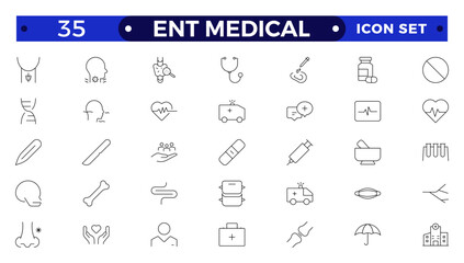 ENT Medical outline Icon, also includes ear, nose, throat, Headache, Runny Nose, Cough, Sore Throat, hearing kit, Hearing Report, Breathing, Thyroid. Ear Nose Throat thin line icons.