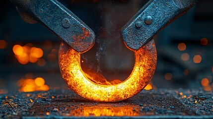 A detailed shot of the farrier using tongs to place a red-hot horseshoe onto the anvil