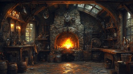 A detailed view of the farrier's forge, with tools arranged neatly and the fire glowing brightly