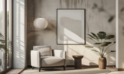 Minimalist living room interior with armchair, potted plant, framed picture, and soft lighting. Cozy modern design for interior inspiration.