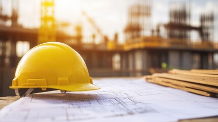 A yellow hard hat rests on detailed blueprints at a bustling construction site, emphasizing safety and architectural planning during daylight