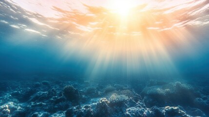Obraz premium Beneath the sunlit surface, a tropical ocean reveals colorful coral formations and the tranquil movement of water in a serene environment
