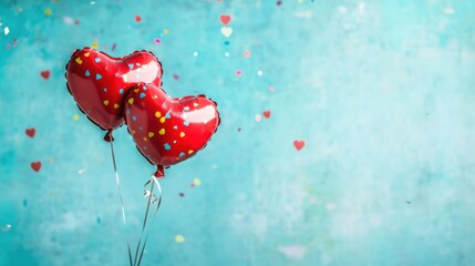 Red heart-shaped balloons rise elegantly as colorful confetti dances joyfully in a bright blue backdrop, creating a celebratory vibe