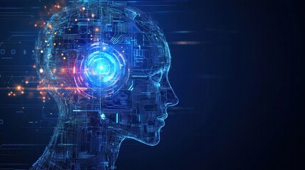 Obraz premium Digital Human Head Constructed of Blue and Orange Circuitry