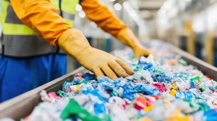 A dedicated worker sorts through a large collection of recyclable materials at a bustling recycling plant during the afternoon shift