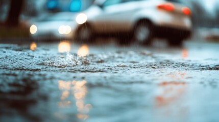 Rainwater has accumulated on the urban street, obstructing traffic as vehicles cautiously maneuver through the flooding