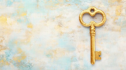 A vintage golden key is placed gently on a textured surface, surrounded by soft pastel colors blending harmoniously in the background
