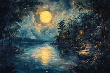 Fototapeta premium Serene Night Landscape with Moonlight Reflection