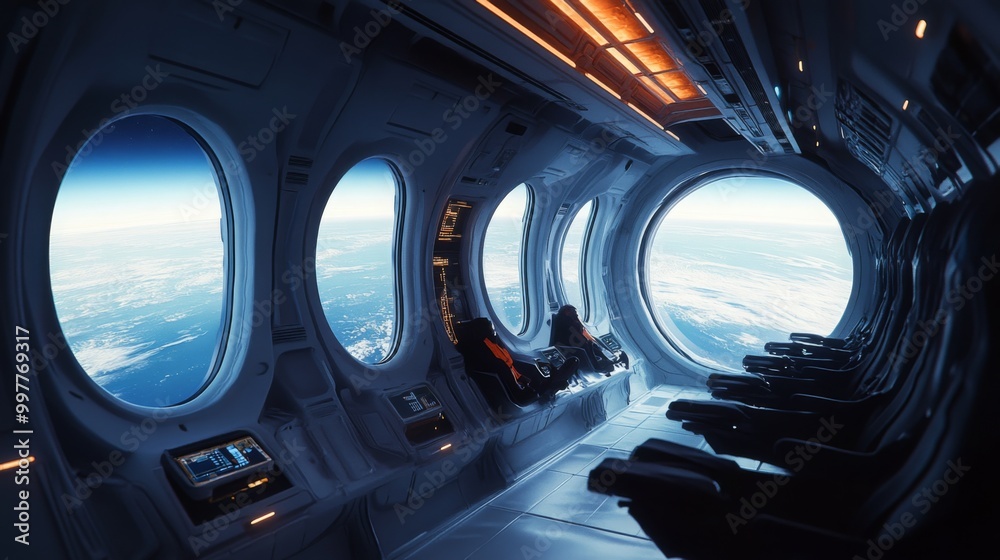 Poster The interior of a high-tech spacecraft features sleek seating and multiple large windows, offering breathtaking views of Earth. The ambient lighting sets a serene atmosphere as we float in orbit.