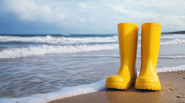A pair of bright yellow rain boots standing at the edge of a sandy beach near the ocean waves