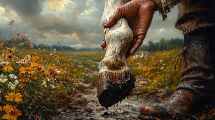 A horse s foot raised in the farrier s hands, with a view of the surrounding countryside