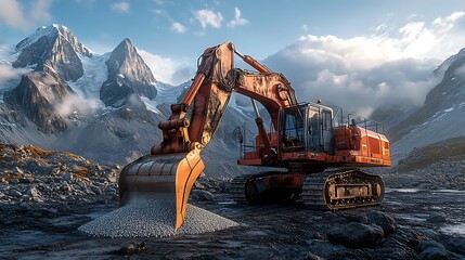 Excavator unloading gravel at a mountain construction site, rocky terrain, towering peaks in the background, soft morning light, gravel tumbling onto the ground,