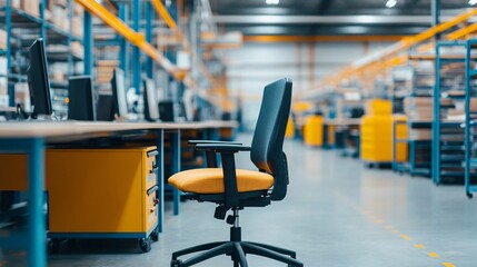 Fototapeta premium A modern ergonomic office chair is positioned in a spacious warehouse filled with desks and computers.