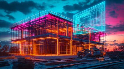 Obraz premium Futuristic house under construction with steel frames, AI-controlled machinery in the foreground, holographic blueprints floating above, science fiction atmosphere, vibrant lighting