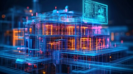Fototapeta premium Futuristic house under construction with steel frames, AI-controlled machinery in the foreground, holographic blueprints floating above, science fiction atmosphere, vibrant lighting
