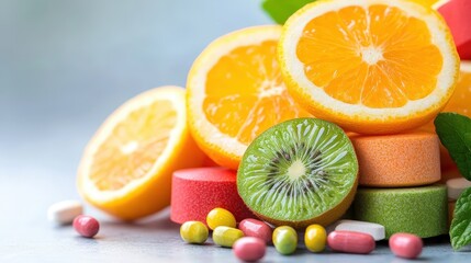 Fototapeta premium A vivid display of fresh citrus fruits and colorful candy, highlighting their natural beauty and sweetness, perfect for illustrating vibrant snacks and desserts.