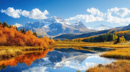 Autumn Mountain Landscape with Reflective Lake