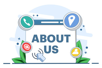 About Us or Contact Us Concept, Customer support form, Customer Service, Online Support, Help Desk, Follow Us Concept, Internet Advertising, Marketing. Flat vector illustration.