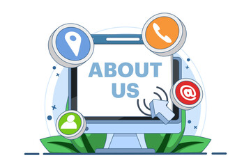About Us or Contact Us Concept, Customer support form, Customer Service, Online Support, Help Desk, Follow Us Concept, Internet Advertising, Marketing. Flat vector illustration.