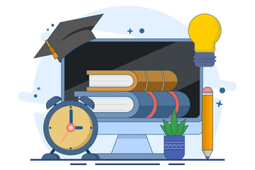 E-learning concept, Online education, digital library, e-book, classroom, online course tutorials and apps, university studies and back to school. Flat vector illustration on background.