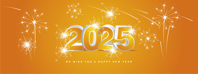 We wish you Happy New Year 2025. New modern 3d concept design. Orange yellow white silver 3D 2025 with shadows and stars sparkling fireworks on orange background