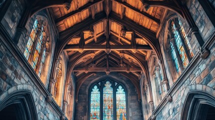 Obraz premium Gothic-inspired ceiling frame with dark wood beams and stone arches, dim light filtering through stained glass windows, creating an atmospheric and moody interior